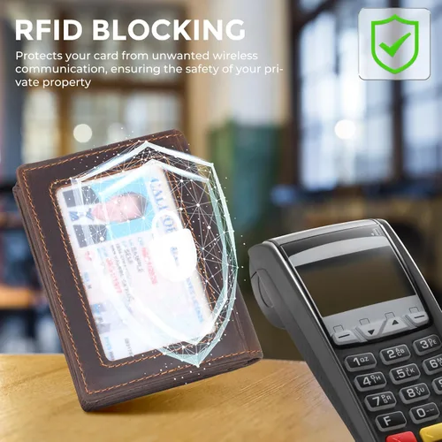Vista 22 de Bolsillo frontal con bloqueo RFID, minimalista, delgado, de cuero, plegable, para tarjeta de crédito, con ventana de identificación