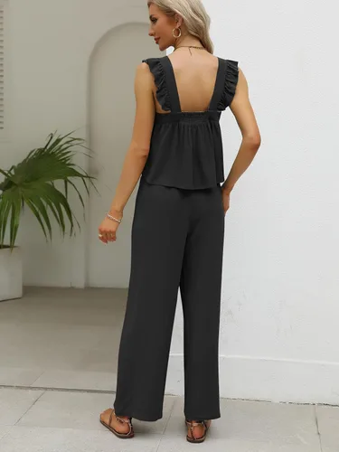Vista 3 de AUTOMET Womens 2 Piece Outfits Tracksuits Lounge Matching Sets Two Piece Linen Pants Ruffle Shoulder Trendy Clothes 2023