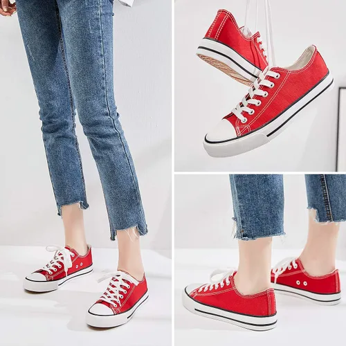 Vista 6 de Tenis de lona para mujeres, zapatos de lona de corte bajo con cordones, zapatos de tenis casuales