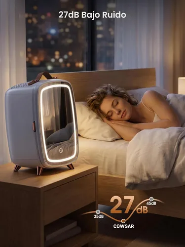 Vista 6 de COWSAR Mini refrigerador para dormitorio con espejo de luz LED regulable, refrigerador para el cuidado de la piel de 6 litros/8 latas con mango