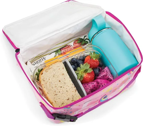 Vista 5 de PackIt Lonchera clásica congelable, color rosa cielo unicornio, fabricada con tecnología EcoFreeze, plegable, reutilizable, cierre de cremallera