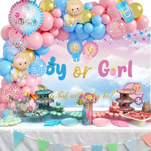 Vista 3 de Decoraciones de revelación de género, kit de arco de guirnalda de globos azul pastel y rosa con texto en inglés "What do You Think", globos de papel
