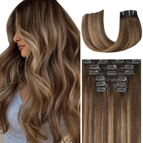 Vista 33 de WindTouch Extensiones de cabello humano real con pinzas, balayage, color rubio ceniza a rubio platino, con reflejos gruesos para cabeza completa, 14