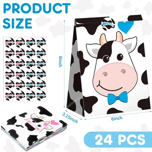 Vista 2 de Leinuosen Paquete de 24 bolsas de golosinas con estampado de vaca, bolsas de regalo de fiesta de vacas para niños, cajas de regalos con temática