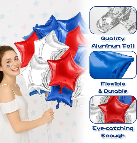 Vista 3 de Kit de arco de globos del 4 de julio, globos rojos, blancos y azules, globos de estrella, globos de Mylar de aluminio de helio, 12 piezas