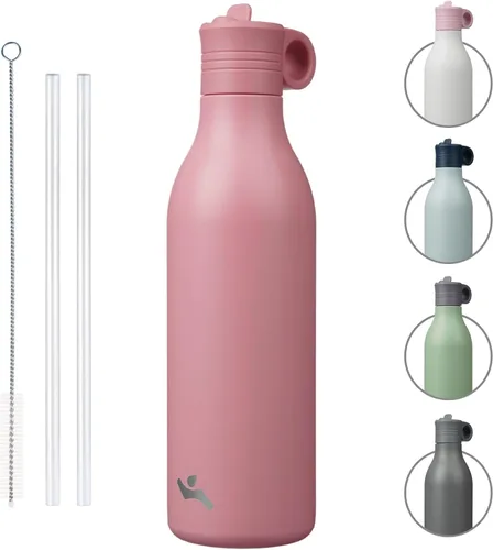 Vista 35 de Konokyo Botella de agua de acero inoxidable de 12 onzas con popote, botella de agua de viaje de metal aislada, reutilizable y a prueba de fugas, sin