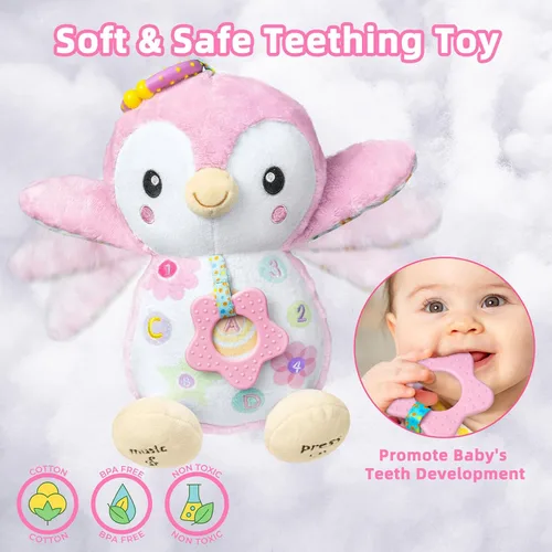 Vista 3 de Juguetes para bebés 0-6 meses, animal de peluche musical con sonajeros y papel crujiente, anillo colgante para juego sensorial, juguetes para tiempo