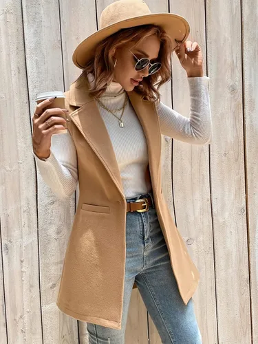 Vista 5 de SweatyRocks Chaqueta elegante sin mangas para mujer, chaleco con frente abierto, cárdigan largo