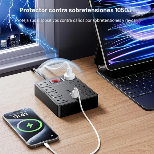 Vista 4 de Tira de alimentación con protector de sobretensiones 13 en 1, enchufe plano, 8 salidas de CA amplias, 3 puertos USB, 1250 W/10 A, cable de extensión