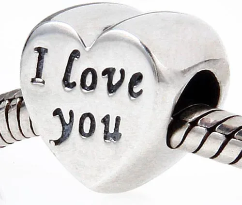 Vista 3 de Abalorio con dije de corazón de plata de ley 925 con texto en inglés "I Love You" para pulsera Pandora, Plata esterlina, plata de ley