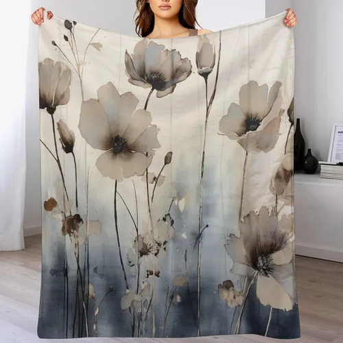 Vista 7 de Manta decorativa de flores beige, blanco crema, blanco, azul, gris, flores anchas, manta suave de 30 x 40 pulgadas, manta de franela para sofá