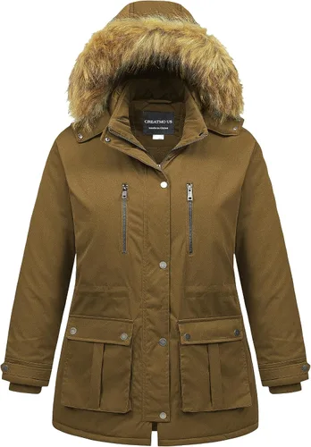 Vista 15 de CREATMO US Abrigo de invierno para mujer, talla grande, impermeable, chaqueta puffer larga, cálida, militar, gruesa, parka con capucha de piel Gris