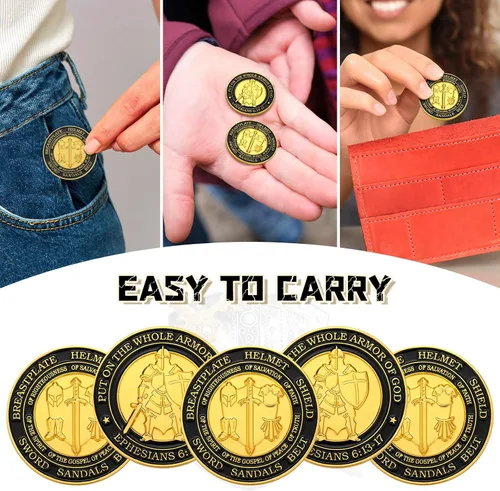 Vista 4 de Tondiamo 12 Piezas Pónganse Toda la Armadura de Dios Monedas de Desafío Cristiano Recuerdos Oración Regalo Conmemorativo Redondo Dorado Regalo