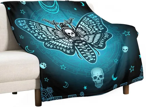 Vista 11 de Manta gótica de franela de polilla abstracta, mágica, bohemia, mariposa, esqueleto, luna, estrellas, manta estética para hombres, mujeres, niñas