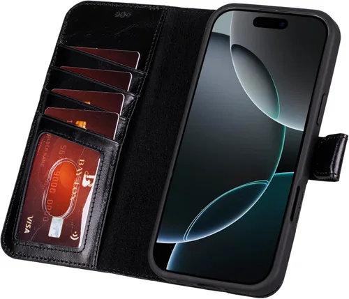 Vista 104 de Bayelon Funda tipo cartera para iPhone 15 Pro, cartera de cuero de grano completo, funda magnética desmontable, tarjetero, funda tipo cartera