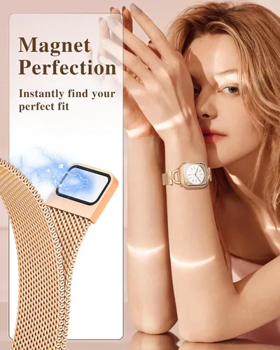 Vista 3 de Correas para Apple Watch para mujer de 1.575 pulgadas con funda protectora de pantalla, cierre magnético de acero inoxidable, correa para Apple Oro