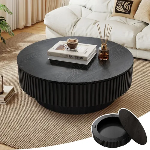 Vista 18 de Mesa de café redonda de 80 cm en madera, mesa de café circular moderna y única, mesa auxiliar contemporánea de roble con forma de tambor y acento