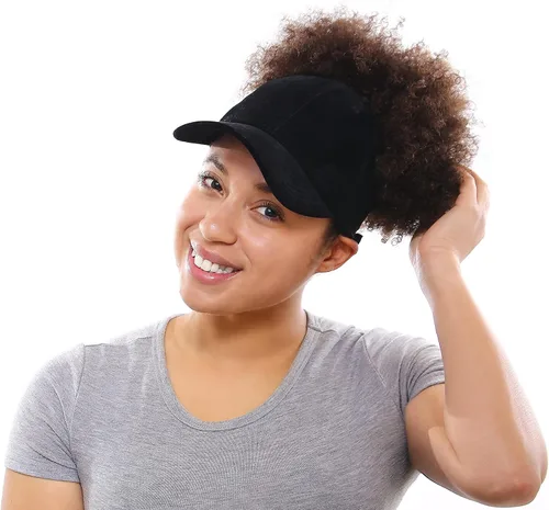 Vista 6 de Beautifully Warm Gorro de béisbol con forro de satén para mujer, sombrero de cola de caballo para cabello natural rizado, gorra sin espalda, gorra