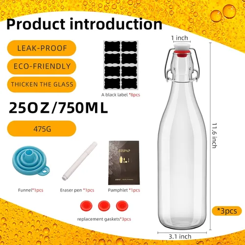 Vista 2 de 3 botellas de vidrio con tapa abatible de 25 onzas, botellas de Kombucha de 25.4 fl oz con tapas herméticas, botellas de cerveza con tapa abatible