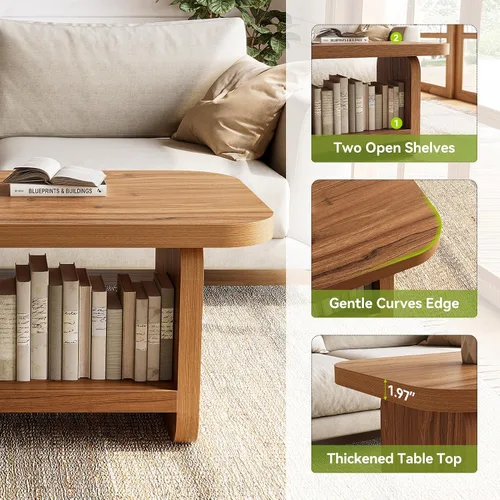 Vista 11 de LITTLE TREE Mesa auxiliar de madera, mesa central de 47.2 pulgadas con almacenamiento, mesas rectangulares modernas de granja para sala de estar