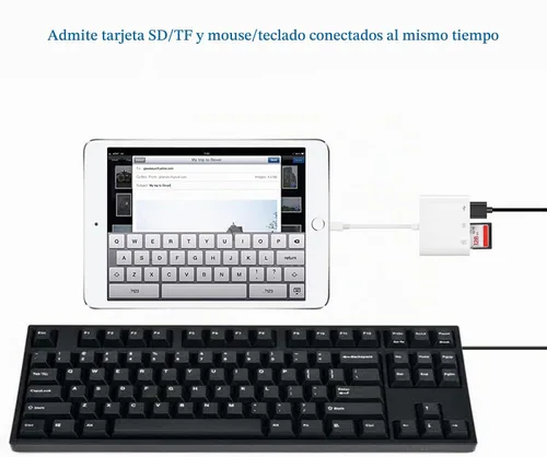 Vista 3 de Apple Lightning a tarjeta SD y TF Adaptador de cámara USB para iPhone/iPad, lector de tarjetas 3 en 1 USB Dongle para unidad flash USB, teclado