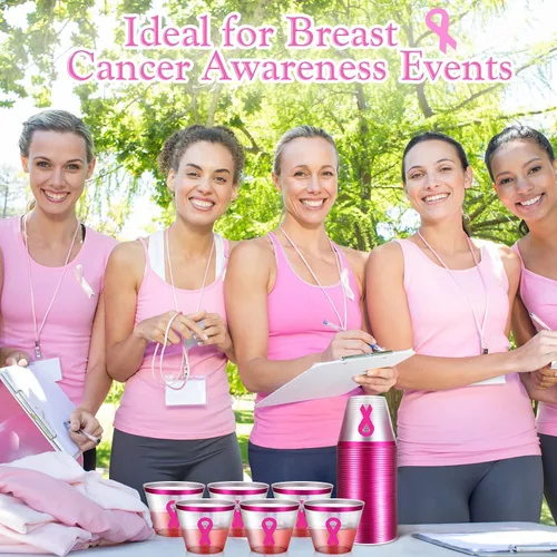 Vista 3 de Gejoy 50 vasos de plástico desechables de 9 onzas para concienciación sobre el cáncer de mama, con borde rosa, vasos desechables para fiestas, copas