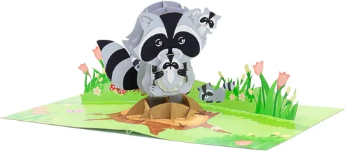 Vista 2 de WOWPAPERART Raccoon Family - Tarjeta de felicitación 3D desplegable para todas las ocasiones, amor, cumpleaños, Navidad, buena suerte, día