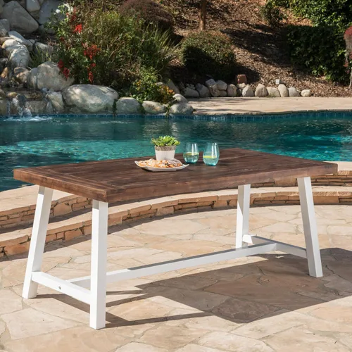 Vista 5 de Mesa de comedor de madera de chorro de arena marrón oscuro al aire libre con metal rústico blanco e