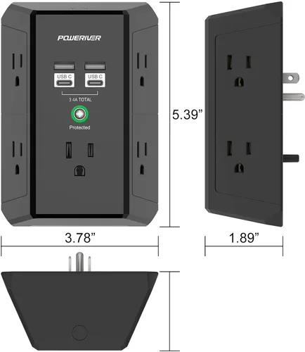 Vista 7 de POWERIVER - Extensor de sobretensiones multitoma de corriente con 5 salidas de CA y 4 puertos USB (2 USB C), 1,680 julios, divisor de salida