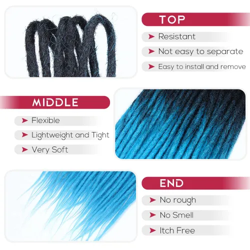 Vista 3 de Kraler Extensiones de Rastas Azules de Doble Extremo de 18 Pulgadas, 20 Hebras Sintéticas DE Extensiones de Rastas Hechas a Mano, Estilo de Rastas