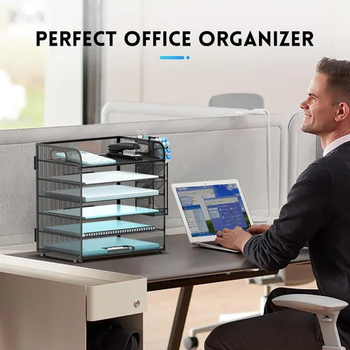 Vista 7 de SUPEASY Organizador de escritorio de 6 niveles con 4 soportes para bolígrafos, organizador de papel de malla con asa, bandeja organizadora de Negro