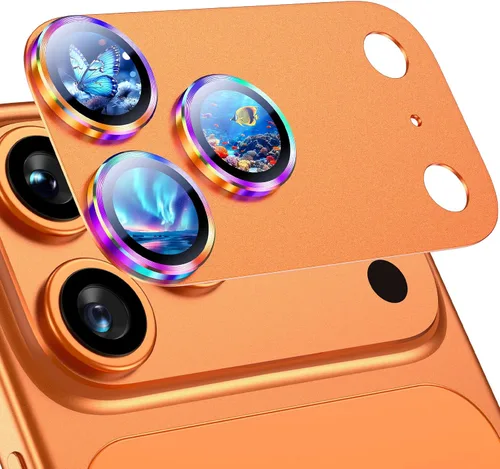 Vista 30 de Uyiton Protector de lente de cámara para iPhone 17 Pro - [Tipografía única + lente de teléfono diseño de círculo rojo] Cubierta de cámara de vidrio