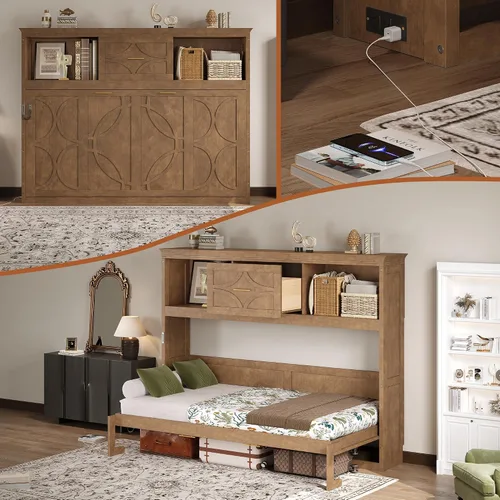Vista 5 de MERITLINE Cama Murphy horizontal individual con estantes de almacenamiento, cajón y estación de carga, cama de pared de madera maciza con Madera