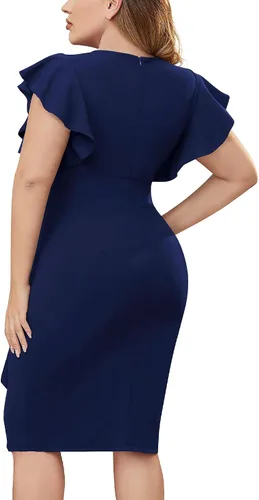 Vista 6 de Miusol Vestido de tubo vintage con cuello en V para mujer, talla grande, manga con volantes, para negocios, cóctel, fiesta