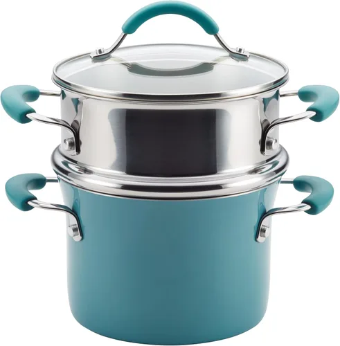 Vista 7 de Rachael Ray juego de ollas esmaltadas cubiertas de antiadherente con vaporera, Rojo arándano