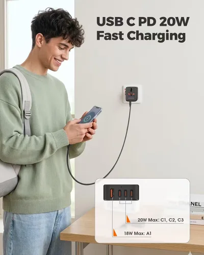 Vista 4 de Adaptador de viaje universal, adaptador de corriente internacional con 3 USB C (PD 20 W), 1 USB A, adaptador de enchufe todo en uno, esenciales