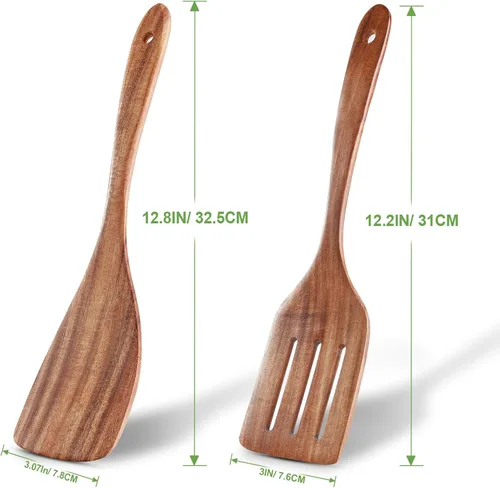 Vista 6 de Paquete de 2 espátulas de madera, espátula de madera de acacia con mango largo, cucharas de madera hechas a mano para cocinar, juego de utensilios