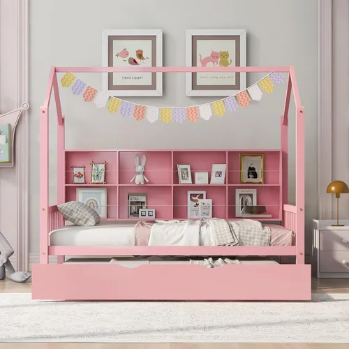 Vista 28 de RUNNA Marco de cama de madera de tamaño matrimonial con valla, para niños, adolescentes, niñas, niños, (Natural-Thinck 4col)