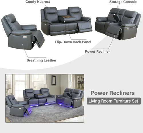 Vista 3 de Air Leather - Juego de sofá reclinable eléctrico con LED, juegos de muebles de sala de estar, juego de sofá reclinable eléctrico con puertos USB