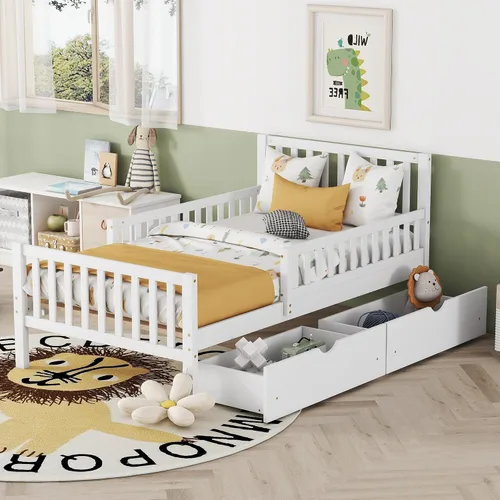 Vista 15 de VilroCaz Cama de plataforma de tamaño individual con barandilla y cabecera multifuncional, base de cama de plataforma de madera con 2 cajones