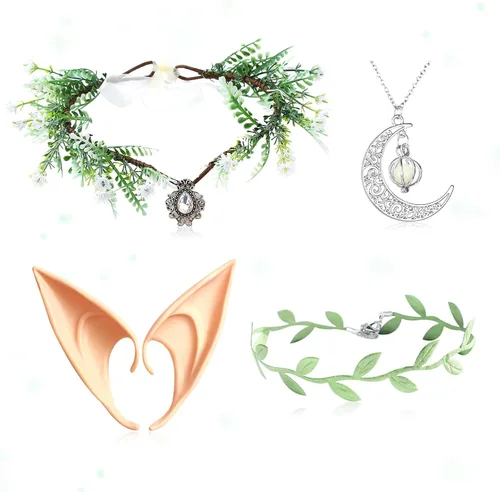 Vista 8 de JeVenis Disfraz de hada de elfo con corona de elfo, accesorios para el tocado de hadas vikingas, accesorios de Halloween