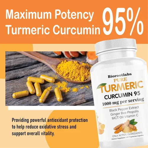 Vista 3 de Curcumina de cúrcuma con pimienta negra Suplemento de curcumina de cúrcuma pura 95% de curcuminoides con propóleo de abeja, jengibre, aceite