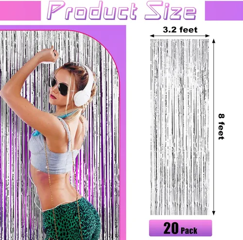 Vista 2 de 20 cortinas metálicas de oropel con flecos de papel de aluminio plateado de 3.28 x 8.2 pies para fiesta de graduación 2026, fotos, cumpleaños, boda