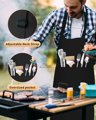 Vista 4 de Hugitout Delantal de chef unisex con correas ajustables y dos bolsillos para uniforme de trabajo, delantal impermeable