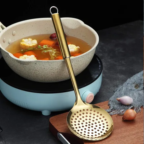 Vista 3 de Berglander Espumador, Colador de Acero Inoxidable Dorado, Cocina Dorada con Chapado de Titanio, Cucharas Ranuradas, Para Cocina, Colador de Metal