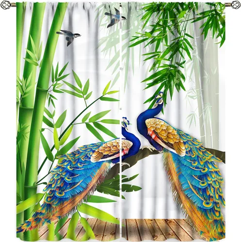 Vista 8 de Cortinas opacas de pavo real, hermoso patrón de estampado de flores de pavo real azul, estampado de mariposas y pavo real, juego de 2 paneles