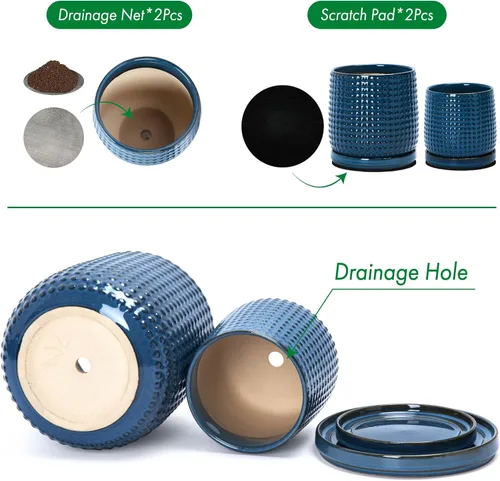 Vista 4 de D'vine Dev - Juego de 2 macetas de cerámica de 6 pulgadas y 4 pulgadas para interiores con orificio de drenaje y platillo, diseño esmaltado, macetas
