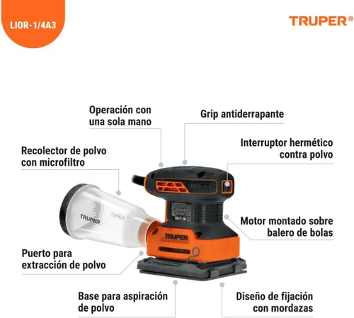 Vista 2 de Truper LIOR-1/4A3, Lijadora Orbital 1/4 Hoja 240 W Profesional