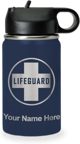 Vista 16 de LaserGram Botella de agua personalizada, salvavidas, acero inoxidable de doble pared aislada al vacío con popote superior, regalo grabado Negro