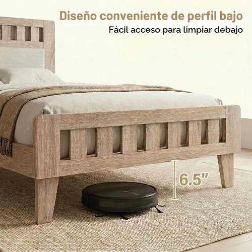 Vista 7 de KOMFOTT Base de cama individual de madera con cabecera tapizada, plataforma moderna de mediados de siglo con espacio debajo de la cama, base